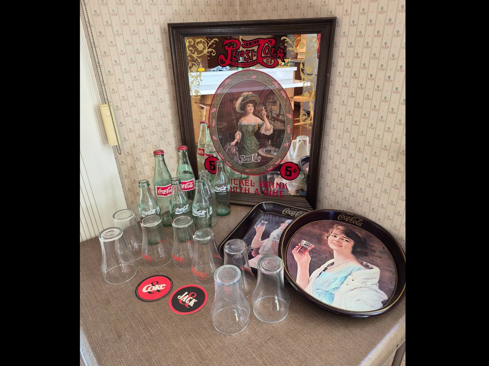 Soda Advertising Mirror, Metal Trays, and Glassware