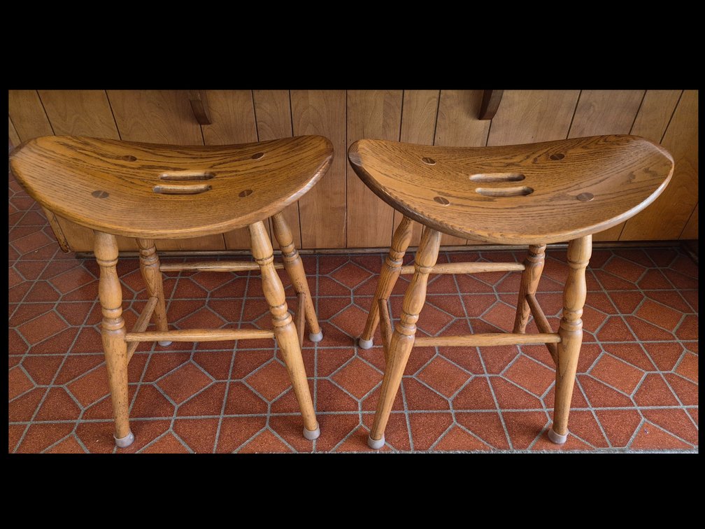 J. & J. Woodcraft Oak Saddle-Seat Bar Stools