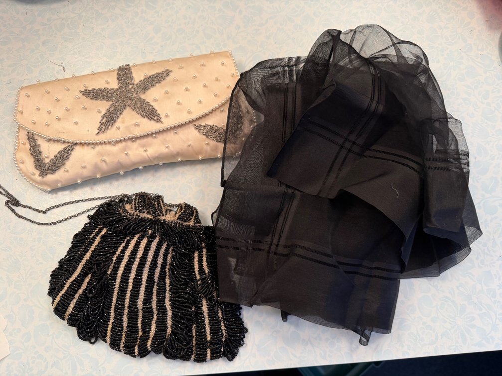 Beaded Evening Bags and Sheer Black Scarf