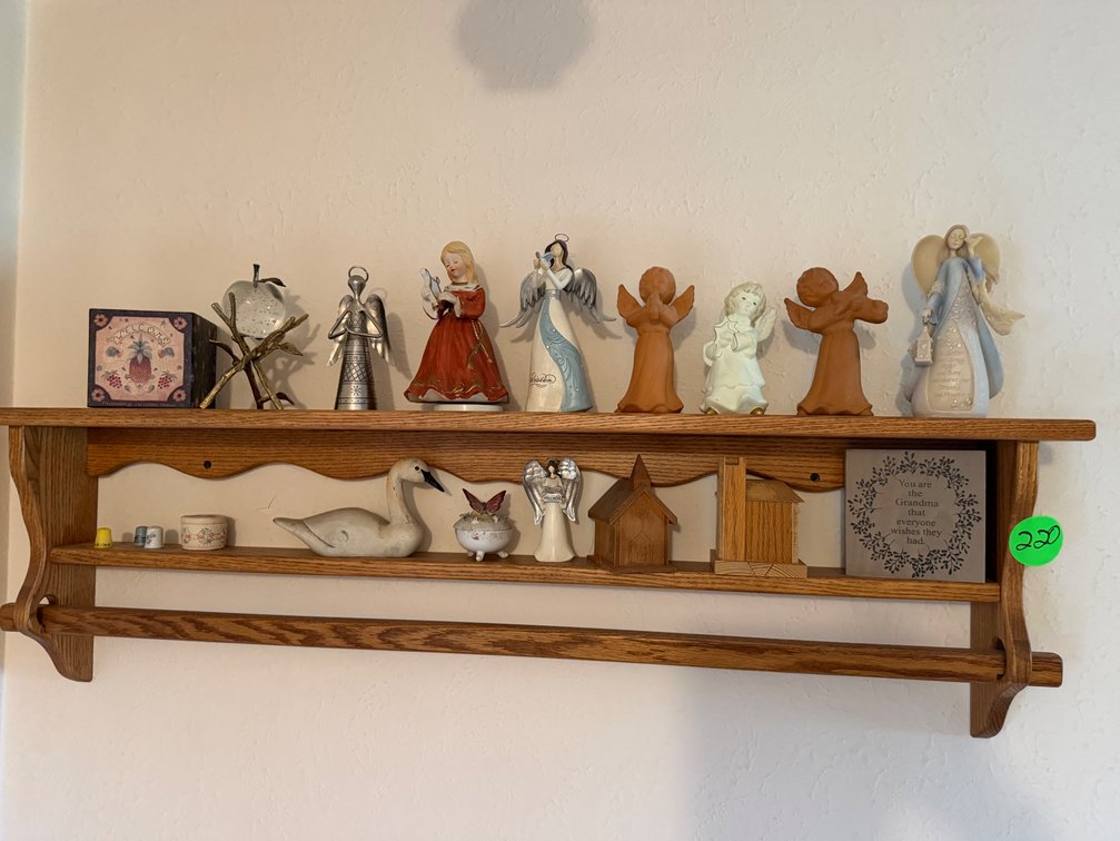 Oak Wall Display Shelf with Angel Figurines and Decor