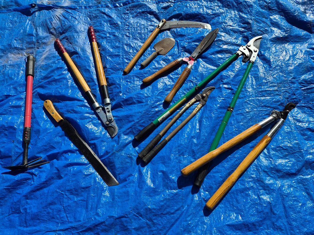 Bypass Loppers, Hedge Shears, Brush Knife, and Garden Hand Tools