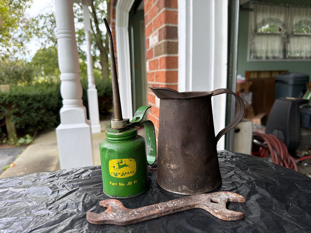 Metal Oil Can, Pouring Pitcher, and Double Open-End Wrench