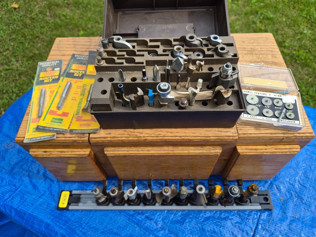 Router Bits, Tool Cases, Dowel Centers, and Wooden Chest