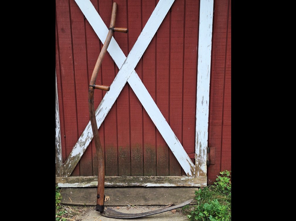 Scythe with Curved Wooden Snath and Metal Blade