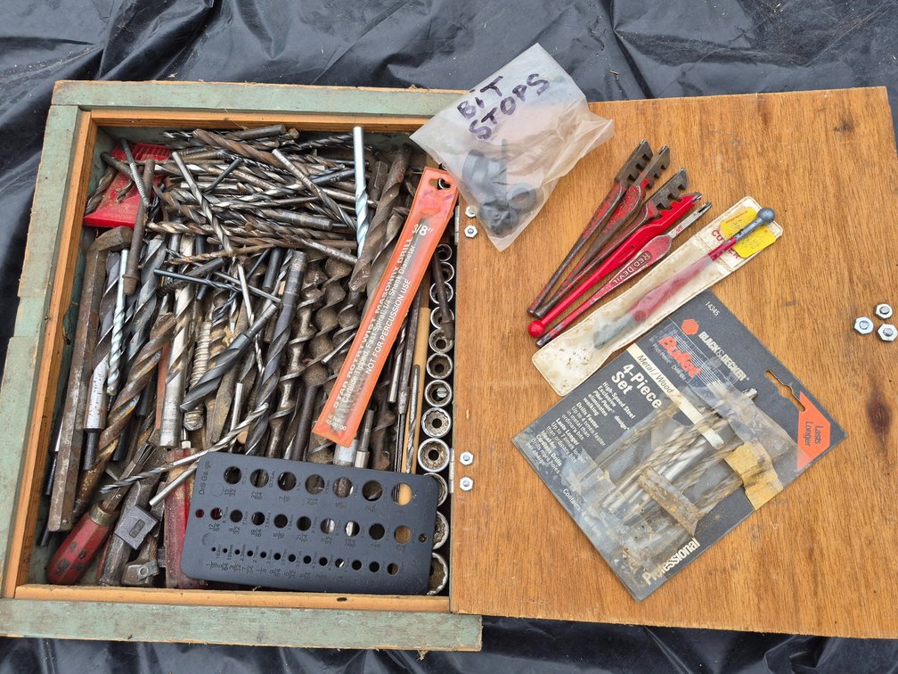 Drill Bits, Glass Cutters, Sockets, and Wooden Box