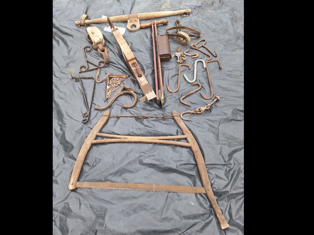 Wood-Frame Buck Saw, Corn Planters, Yoke, and Hardware