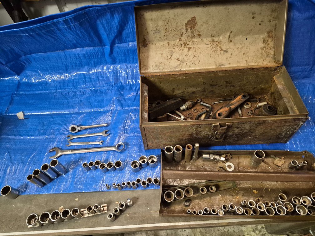Metal Toolbox with Sockets, Wrenches, and Hardware