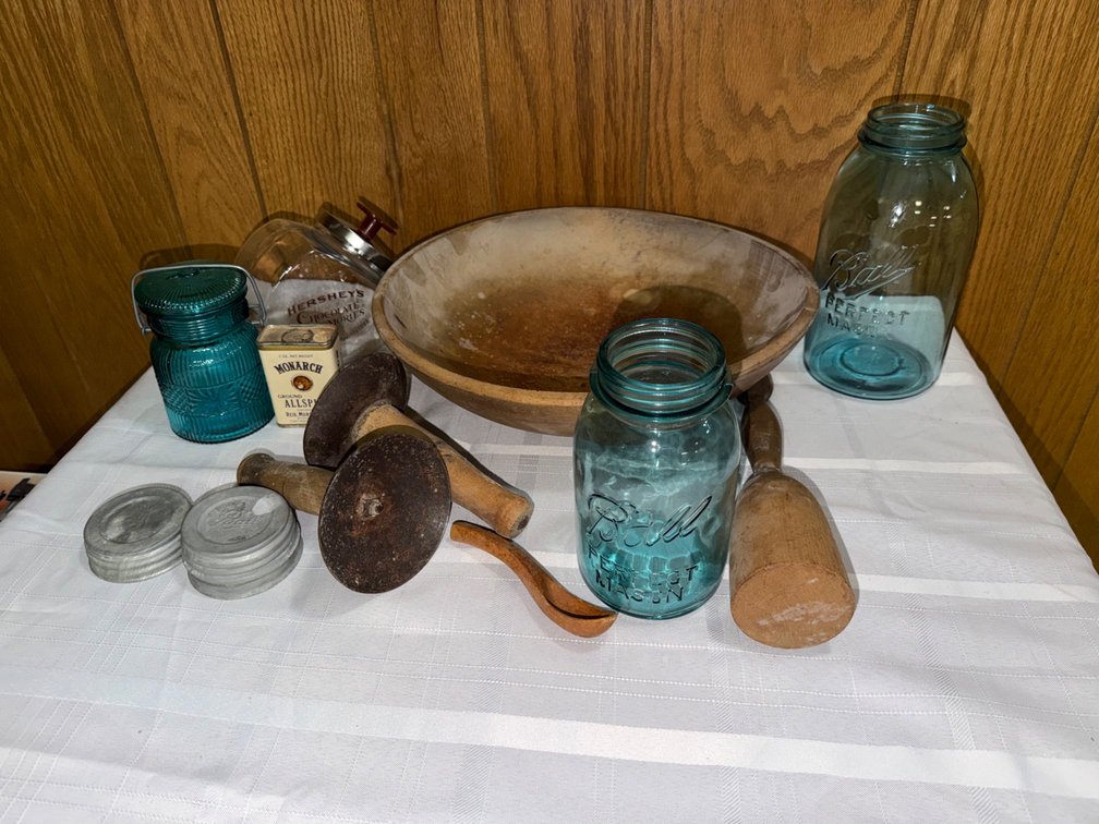 Wooden Bowl, Ball Canning Jars, and Kitchen Utensils