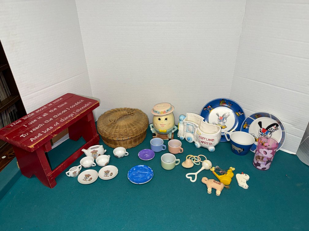 Children's Painted Wooden Step Stool, Bank, Planter, and Dishware