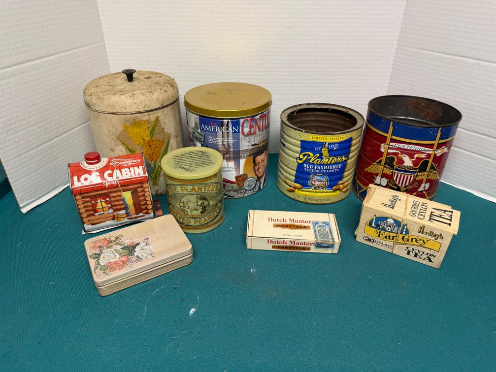 Advertising Tins, Cigar Box, and Wooden Tea Box