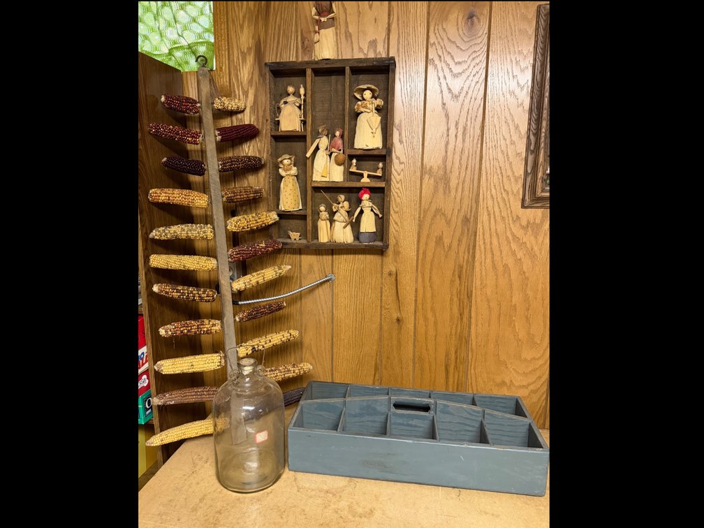 Painted Wooden Caddy, Glass Jug, Corn Rack, and Shadow Box