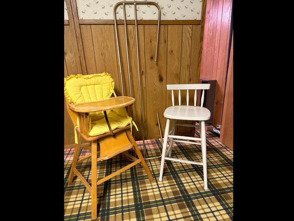 Wooden High Chair, Painted Wooden Chair, and Metal Bed Rail