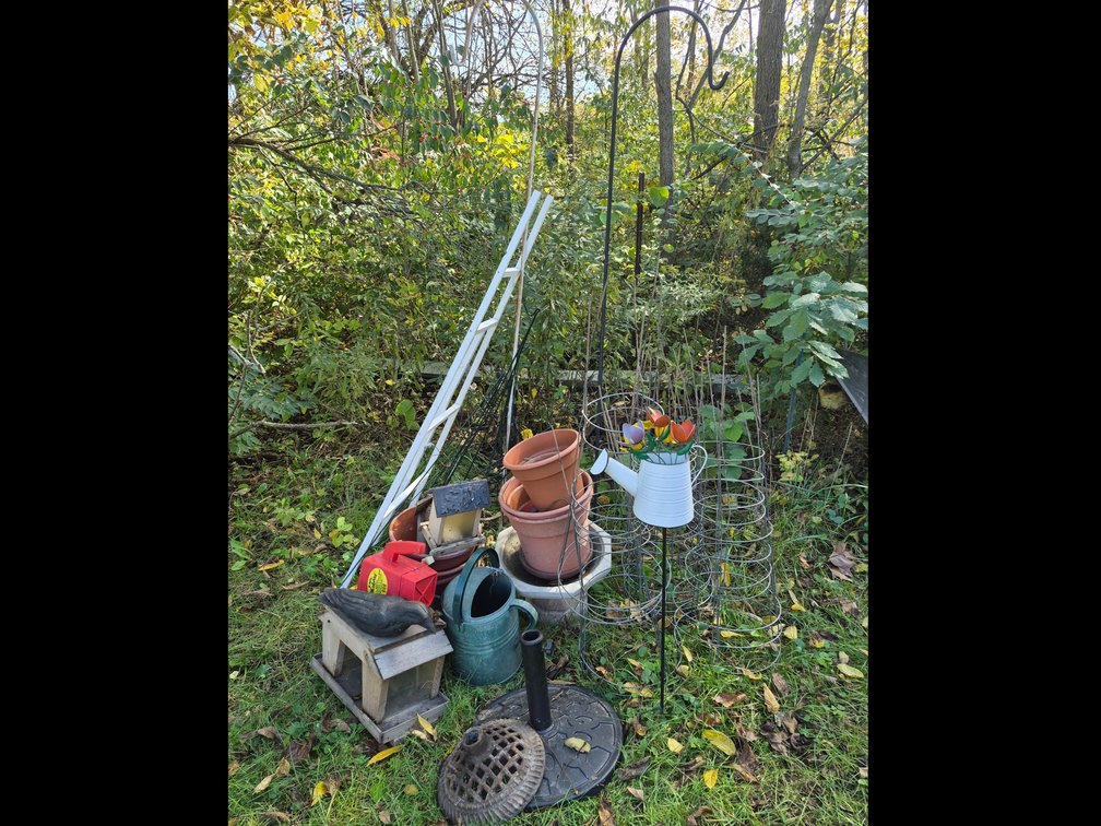 Concrete Birdbath, Umbrella Bases, Trellis, and Garden Decor