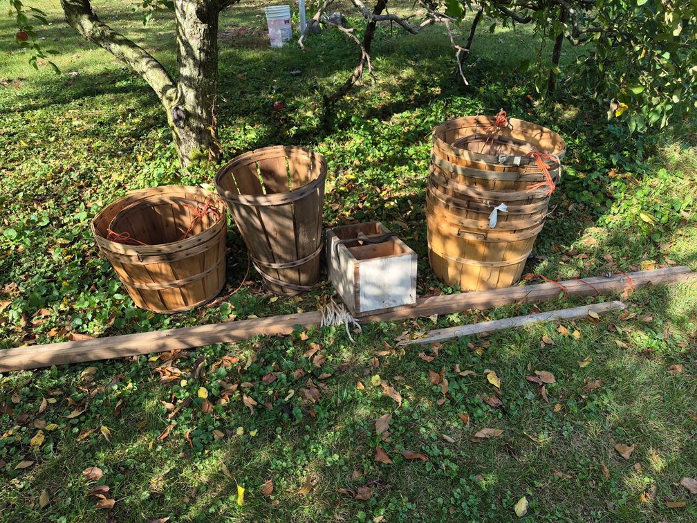 Wooden Bushel Baskets, Divided Wooden Tote, and Poles
