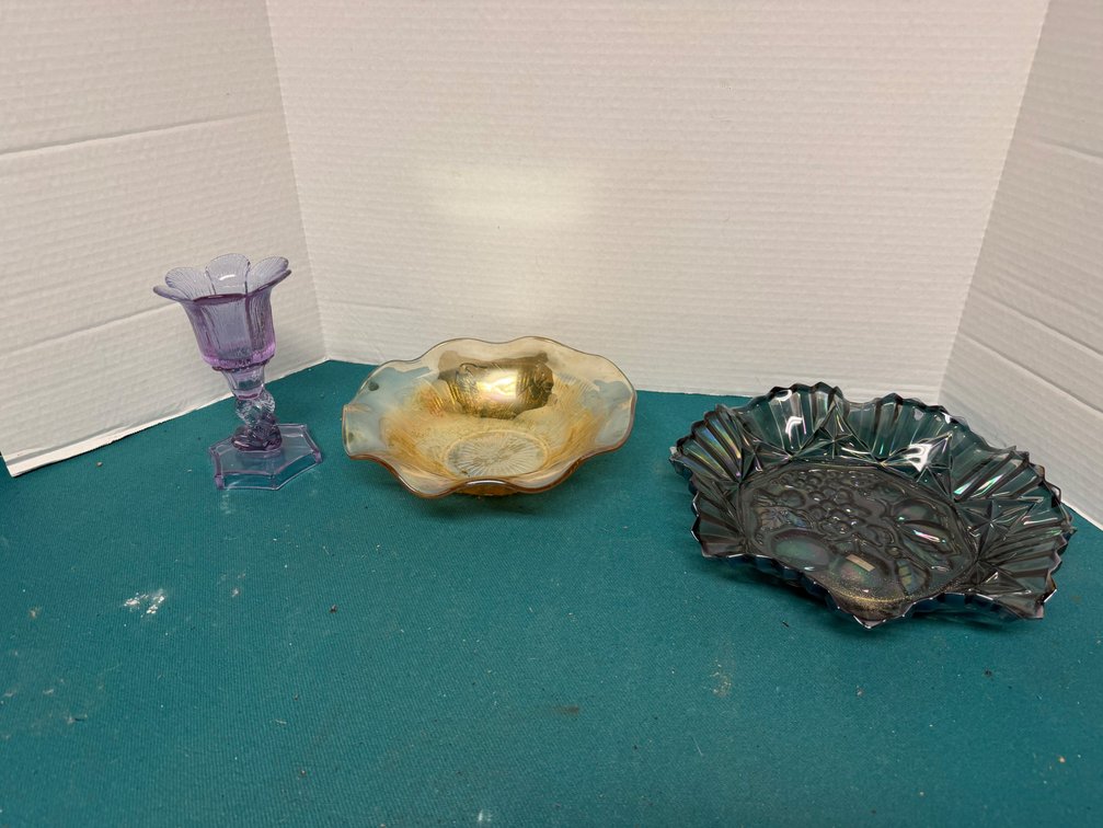 Carnival Glass Ruffled Bowls and Purple Dolphin Candlestick