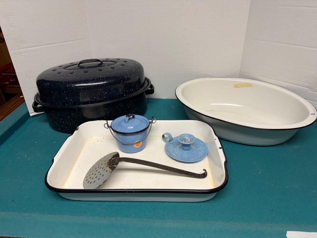 Enamelware Roaster, Basin, Tray, Pot, and Skimmer