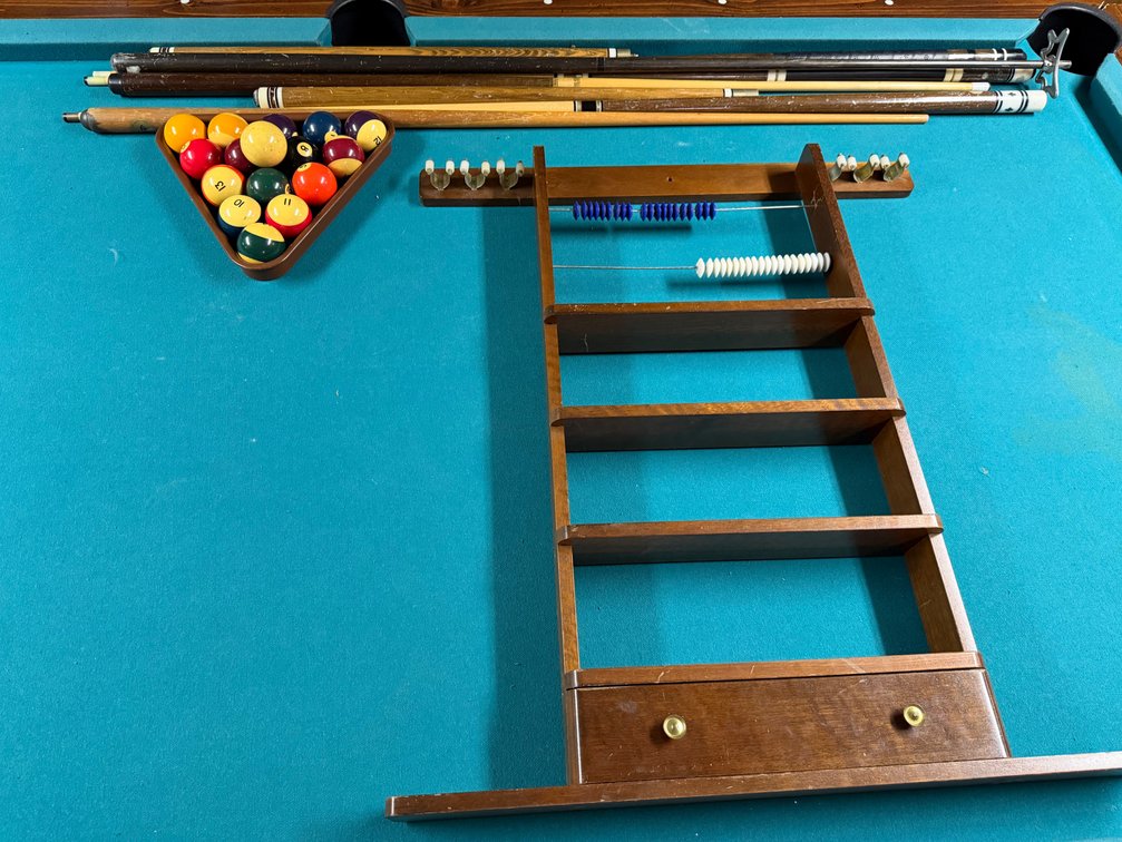 Wooden Billiard Cue Wall Rack, Pool Cues, and Balls