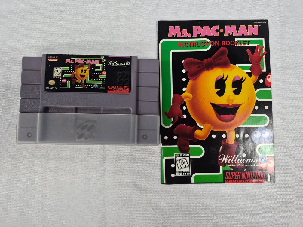 Williams Ms. Pac-Man Super Nintendo Game Cartridge and Manual