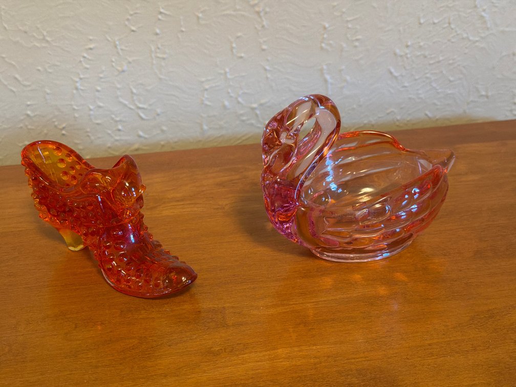 Fenton Glass Slipper and Viking Glass Swan Dish