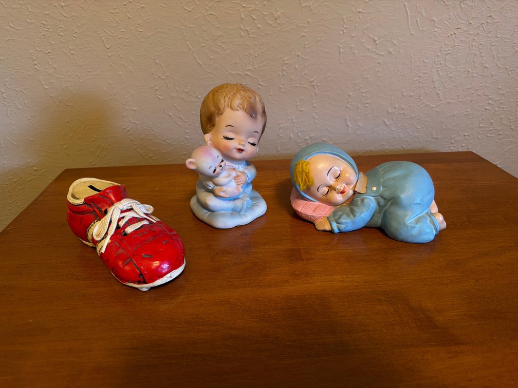 Ceramic Shoe Bank and Baby Figurines