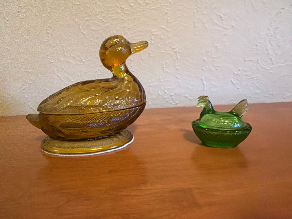 Amber Glass Duck and Green Hen on Nest Covered Dishes