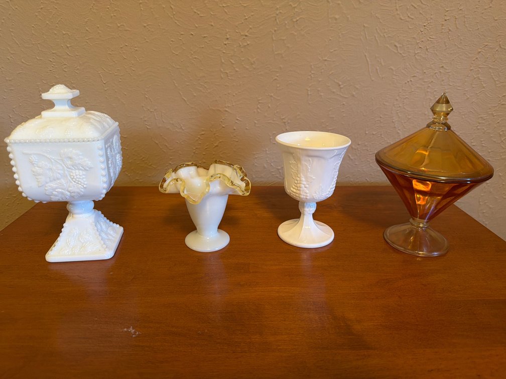 Milk Glass Tableware, Amber Glass Candy Dish, and More