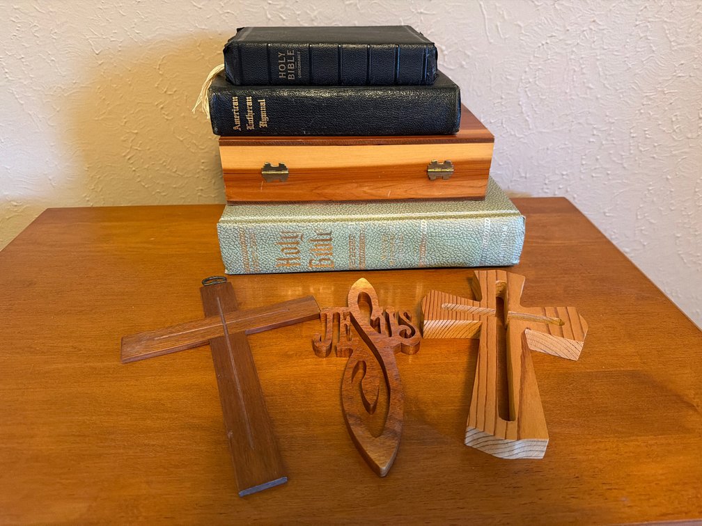 Religious Books, Wooden Presentation Box, and Wooden Crosses