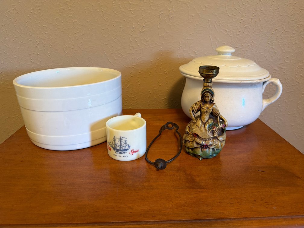 Ceramic Chamber Pot, Shaving Mug, Lamp Base, and More