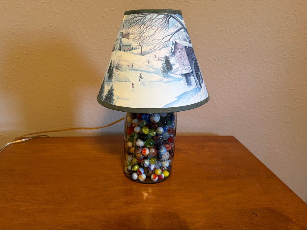 Glass Jar Marble Table Lamp with Winter Scene Shade