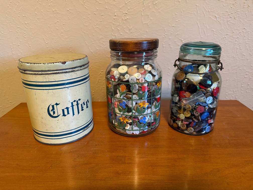 Metal Coffee Canister and Glass Jars with Sewing Buttons