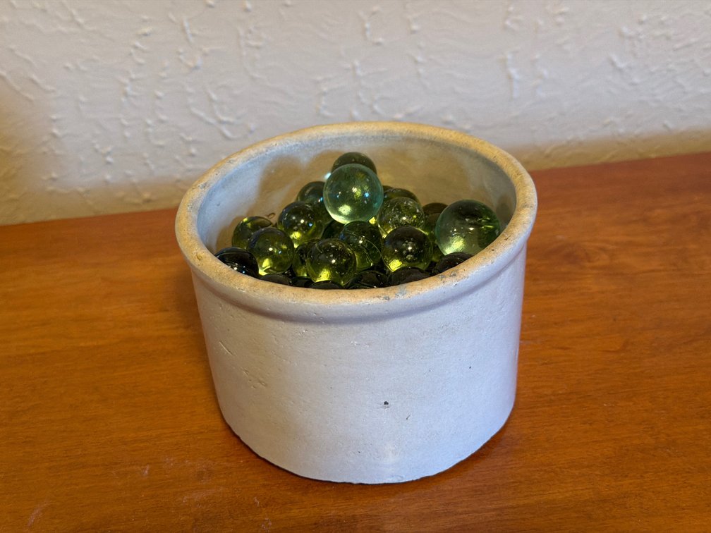 Stoneware Crock with Green Glass Marbles