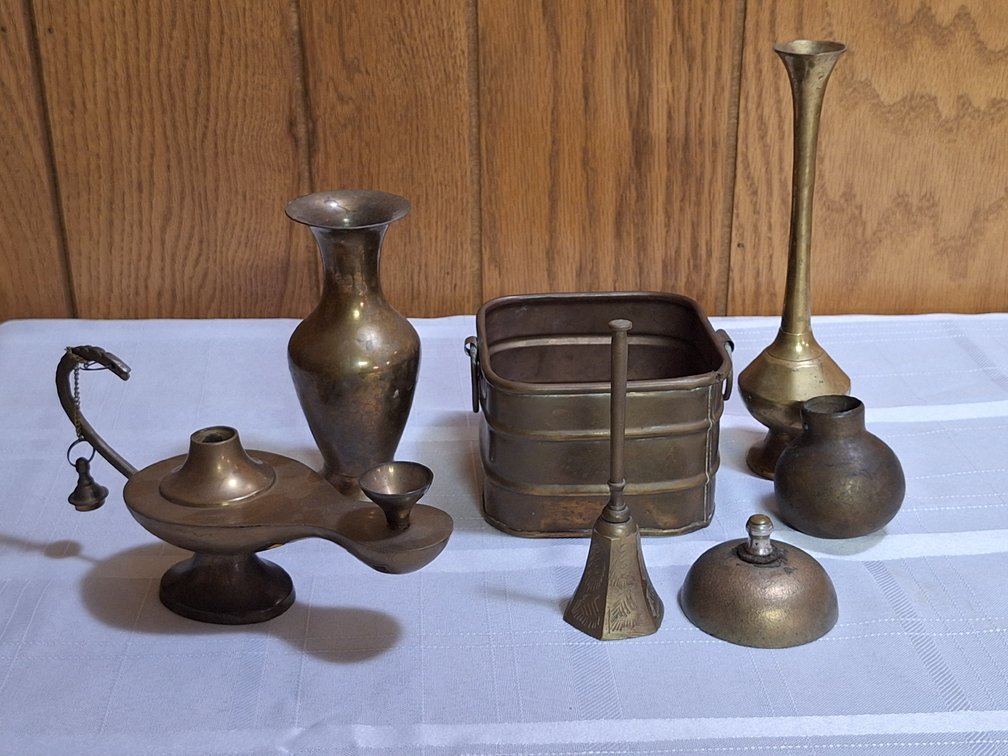 Brass Lamp Candle Holder, Bud Vases, Bells, and More