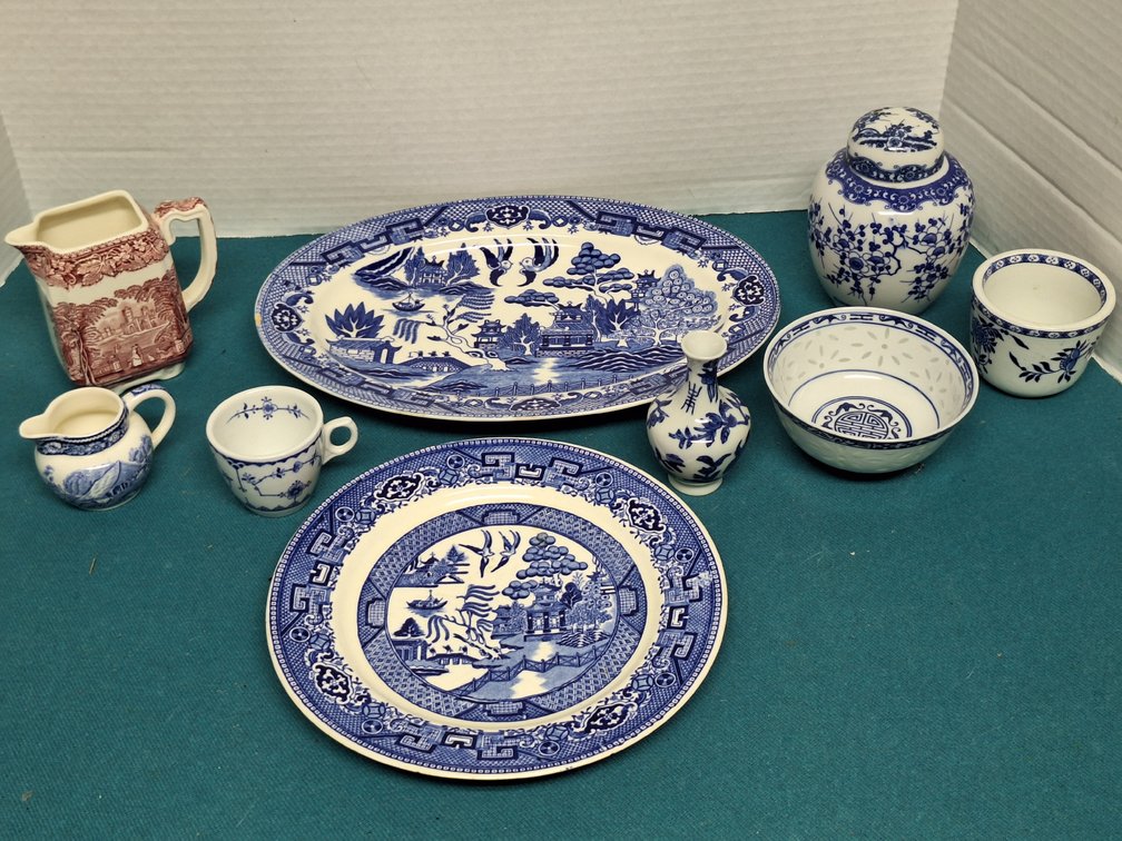 Blue Willow Platter, Transferware Creamers, and Tableware