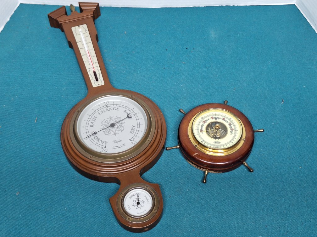 Wood Banjo Weather Station and Ship's Wheel Barometer