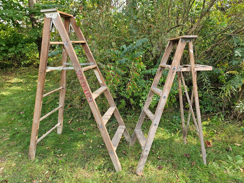 Two Wooden Step Ladders with Metal Spreaders