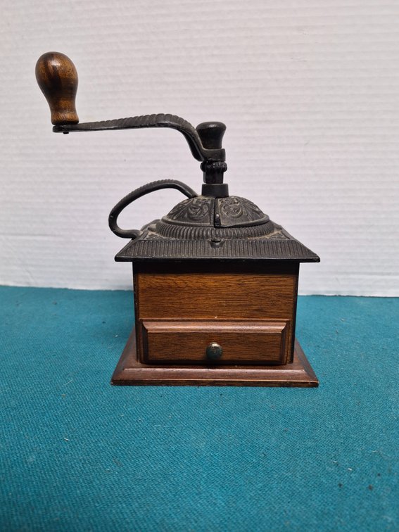 Manual Coffee Grinder with Cast Iron Hopper and Wood Base