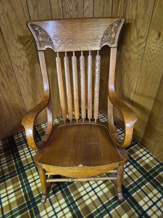 Oak Rocking Chair with Carved Crest Rail