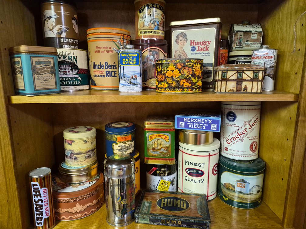 Advertising and Decorative Tins with Woven Wicker Basket