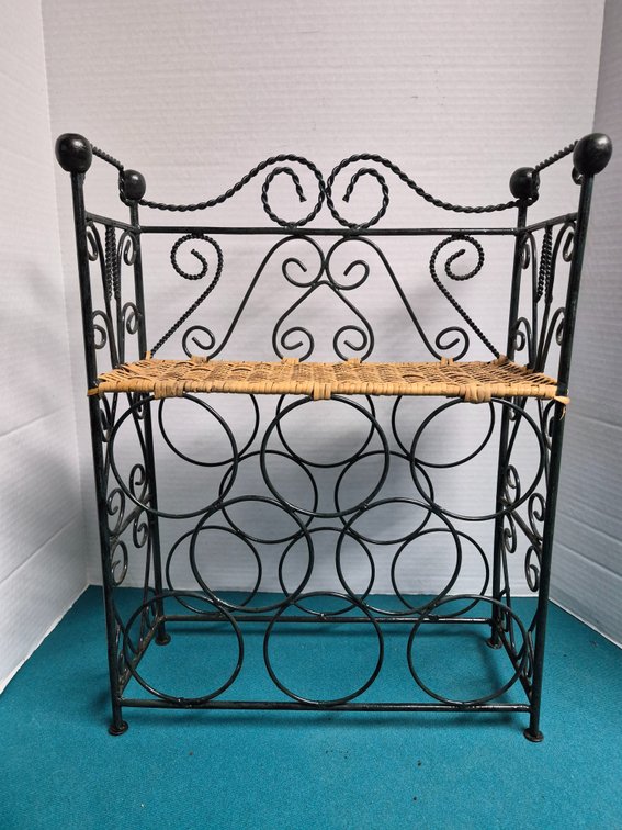 Black Metal Six-Bottle Wine Rack with Wicker Shelf