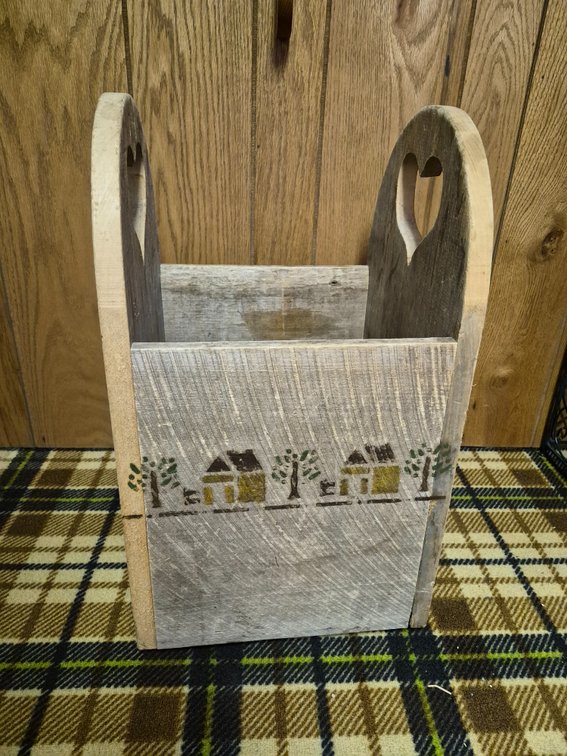 Large Rustic Wood Tote/Can  with Folk Art Village Scene