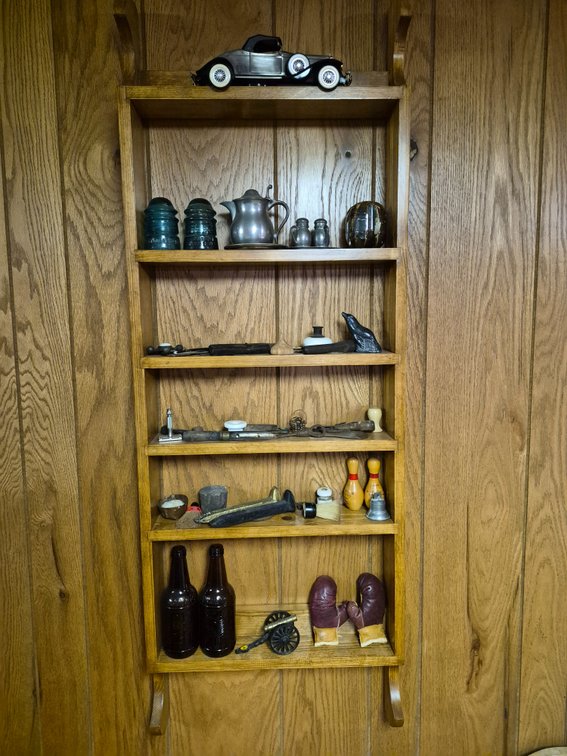 Wooden Wall Display Shelf, Glass Insulators, Model Car, and More