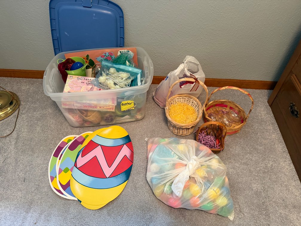 Easter Decorations, Woven Baskets, and Storage Tote