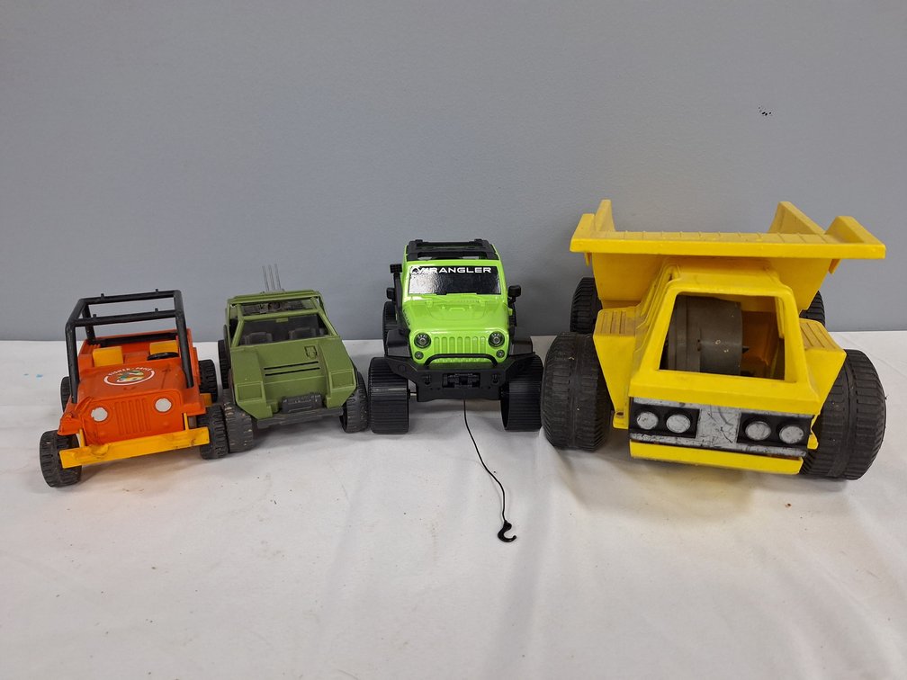 Plastic Toy Vehicles Including Jeep Wrangler and Dump Truck