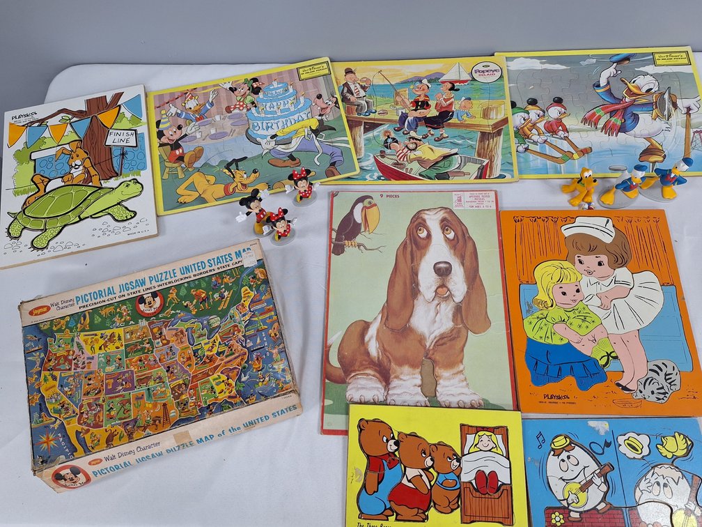 Inlaid Tray Puzzles, Boxed Jigsaw Puzzle, and Disney Figurines