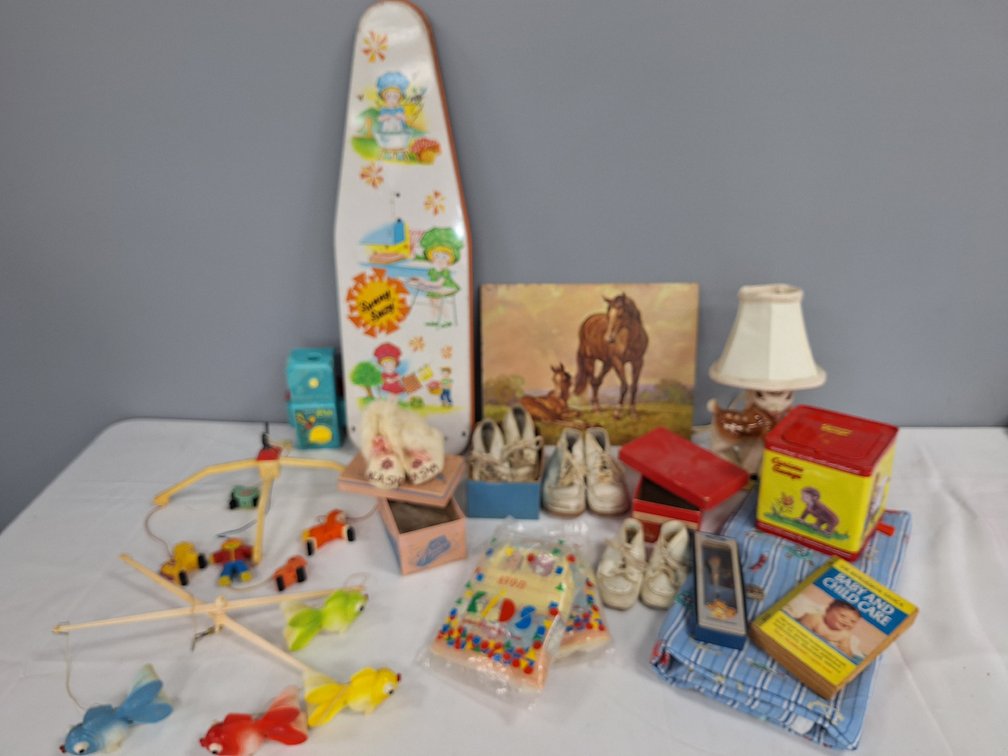 Children's Toys, Nursery Lamp, Baby Shoes, and More