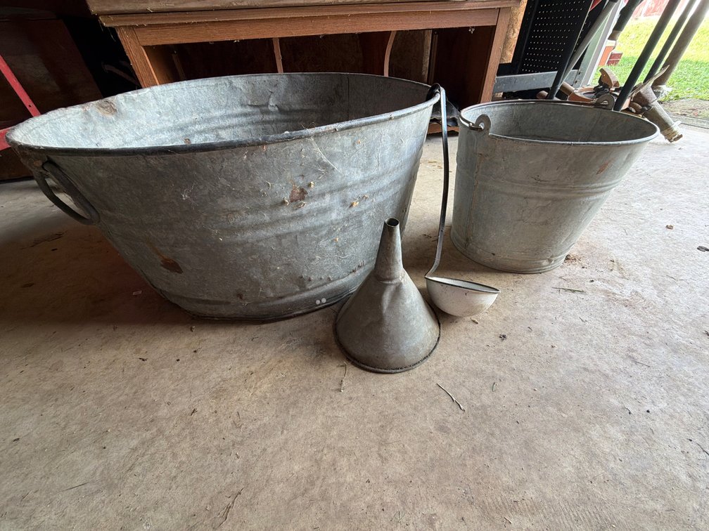 Galvanized Wash Tub, Bucket, Funnel, and Enamel Ladle