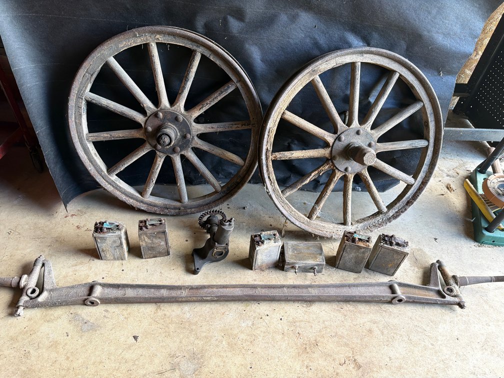Wooden Spoked Wheels, Axle, Tire Pump, and Ignition Coils