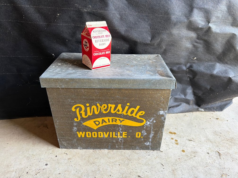 Riverside Dairy Galvanized Milk Box and Chocolate Milk Carton