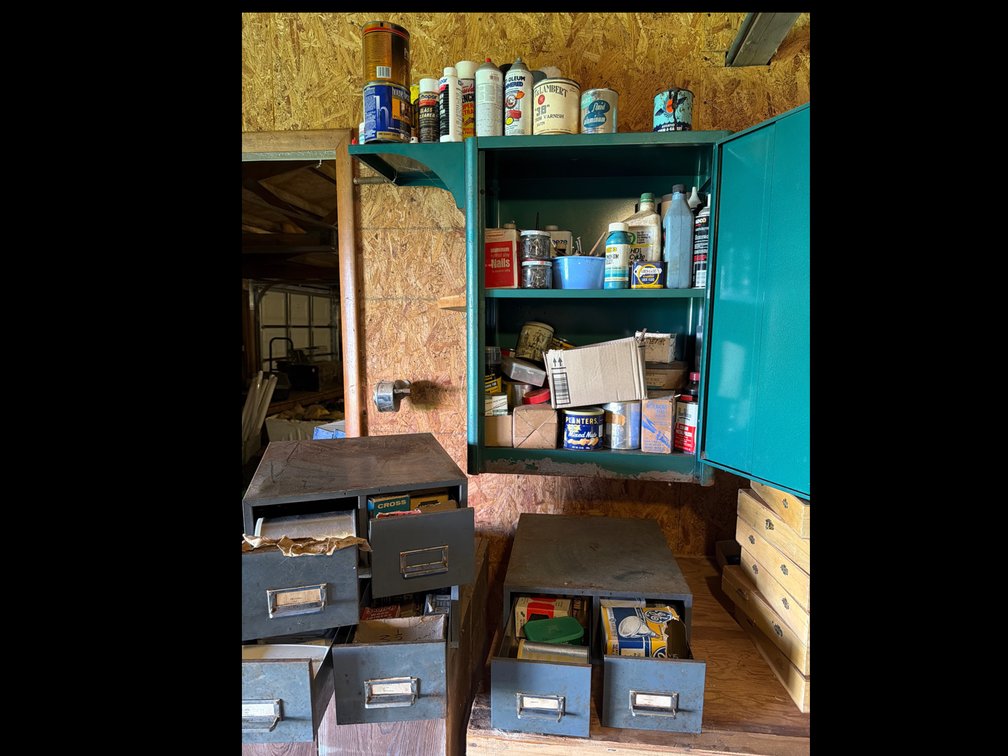 Metal Workshop Wall Cabinet, Parts Drawers, and Supplies