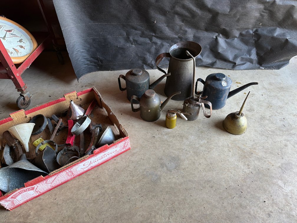Metal Oil Cans, Liquid Measure, Funnels, and Hand Tools